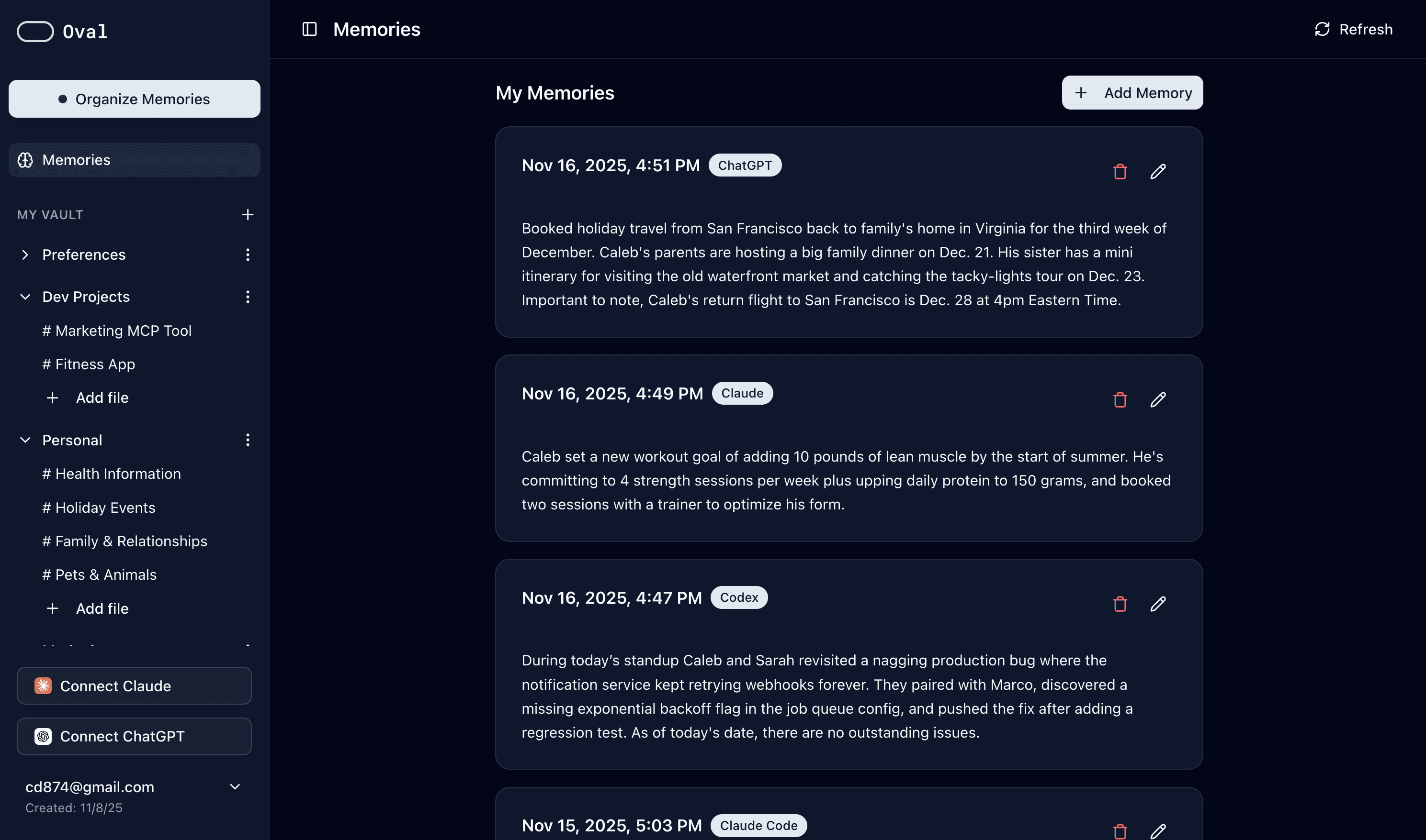 Oval dashboard in dark mode showing unified memories and vault files