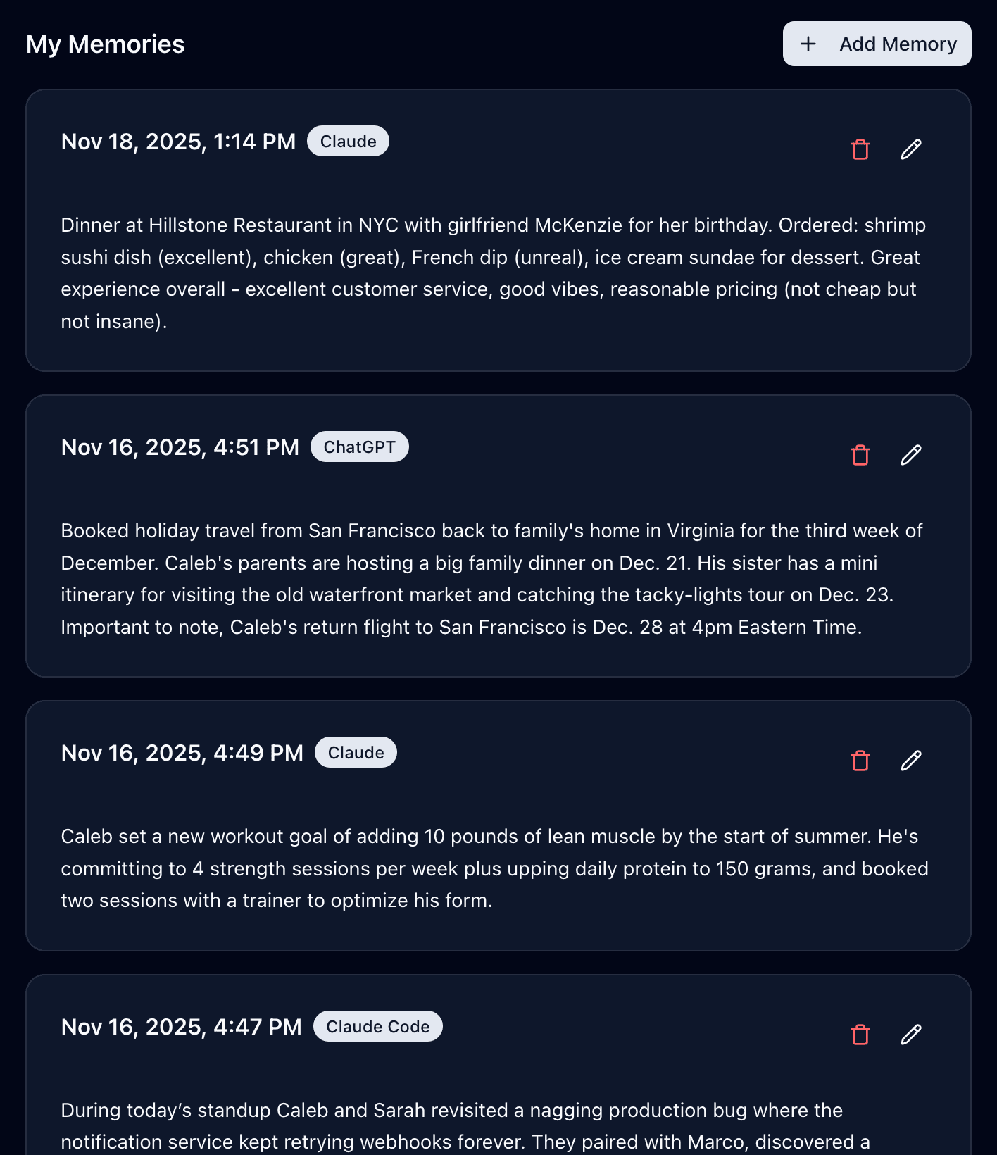 Oval memory stream in dark mode showing real-time updates