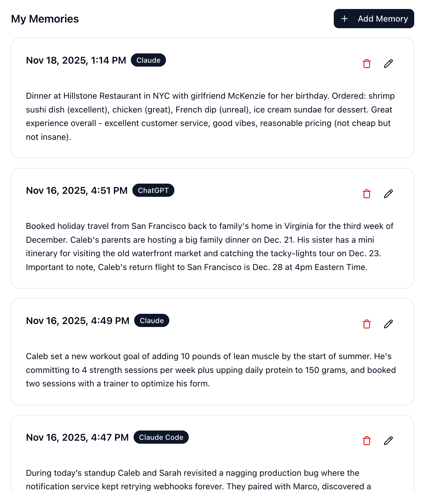Oval memory stream in light mode showing real-time updates